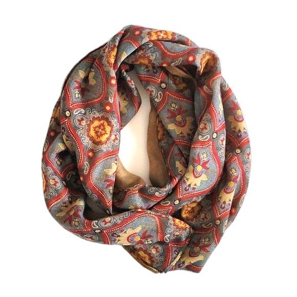 Red Blue Gold Rectangular Mosaic Print Patterned Scarf Holiday Retro Dressy - Picture 3 of 9